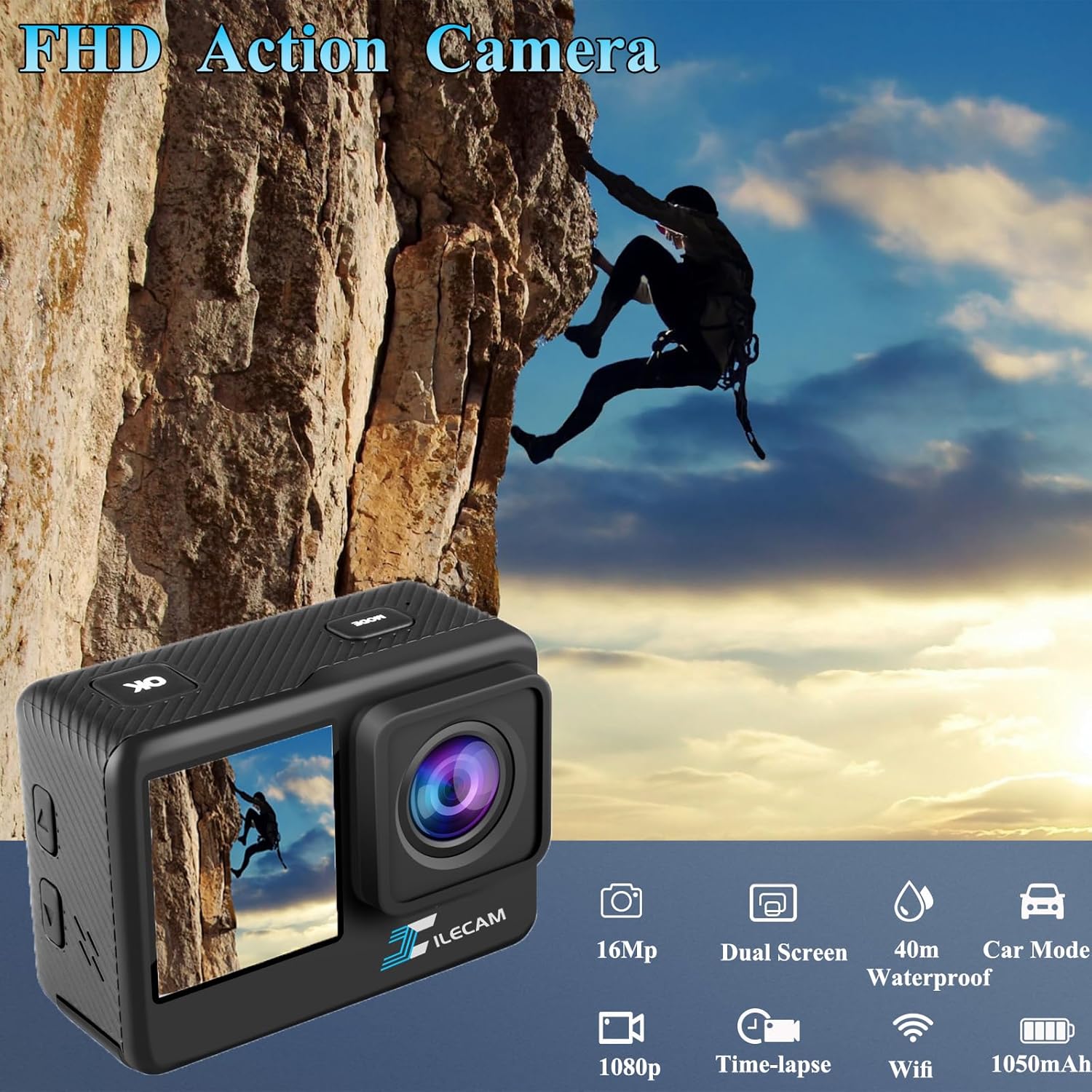 Dual Screen Action Camera 1080P Waterproof Camera 4*Zoom 131FT(40m) Waterproof Underwater Cameras with 2X 1050mAh Batteries and Multifunctional Accessories Sports Cameras - Image 2