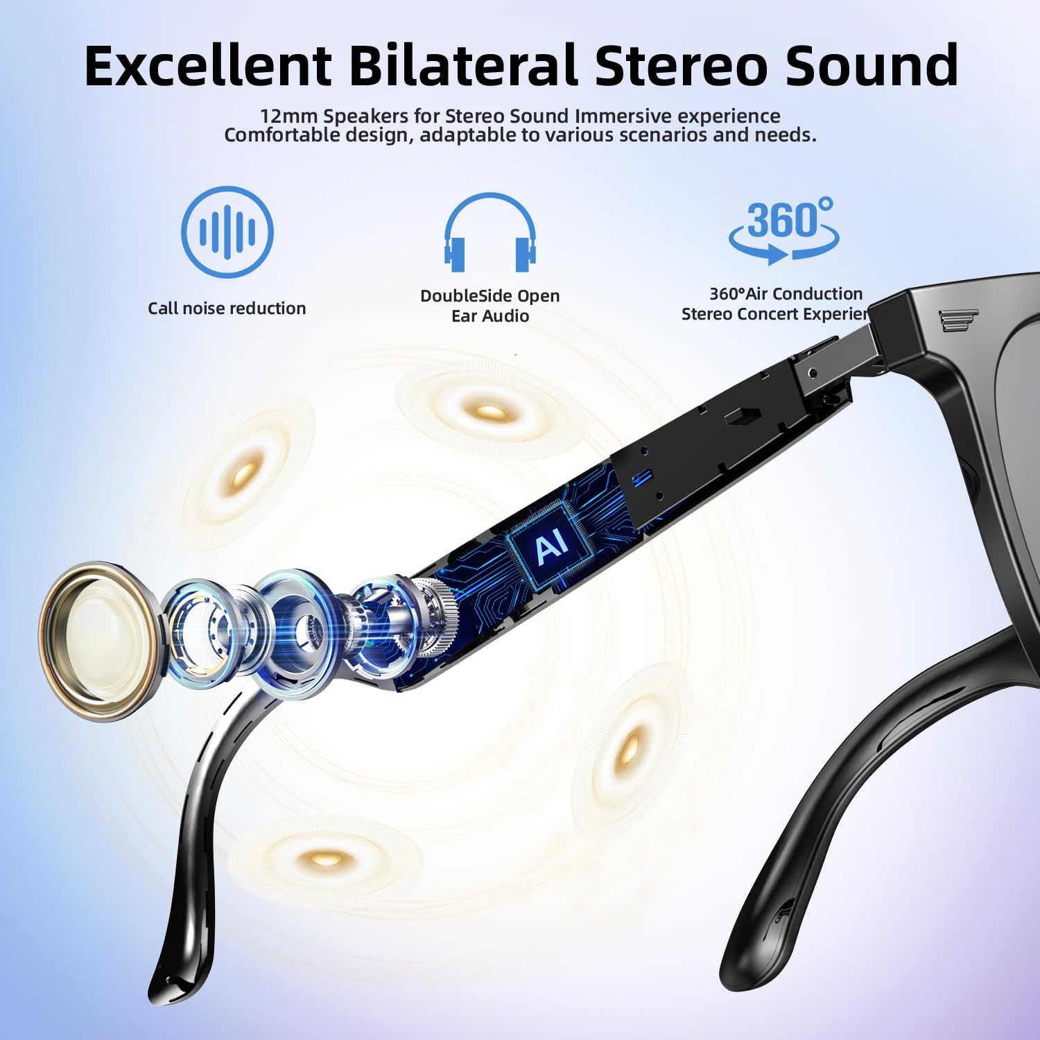 Smart Glasses, AI Bluetooth Glasses with Speaker, 144 Languages & Accents Real Time Translation, UV Protection AI Glasses with Bluetooth 5.4, Smart Sunglasses for Men & Woman (Noble Black) - Image 3