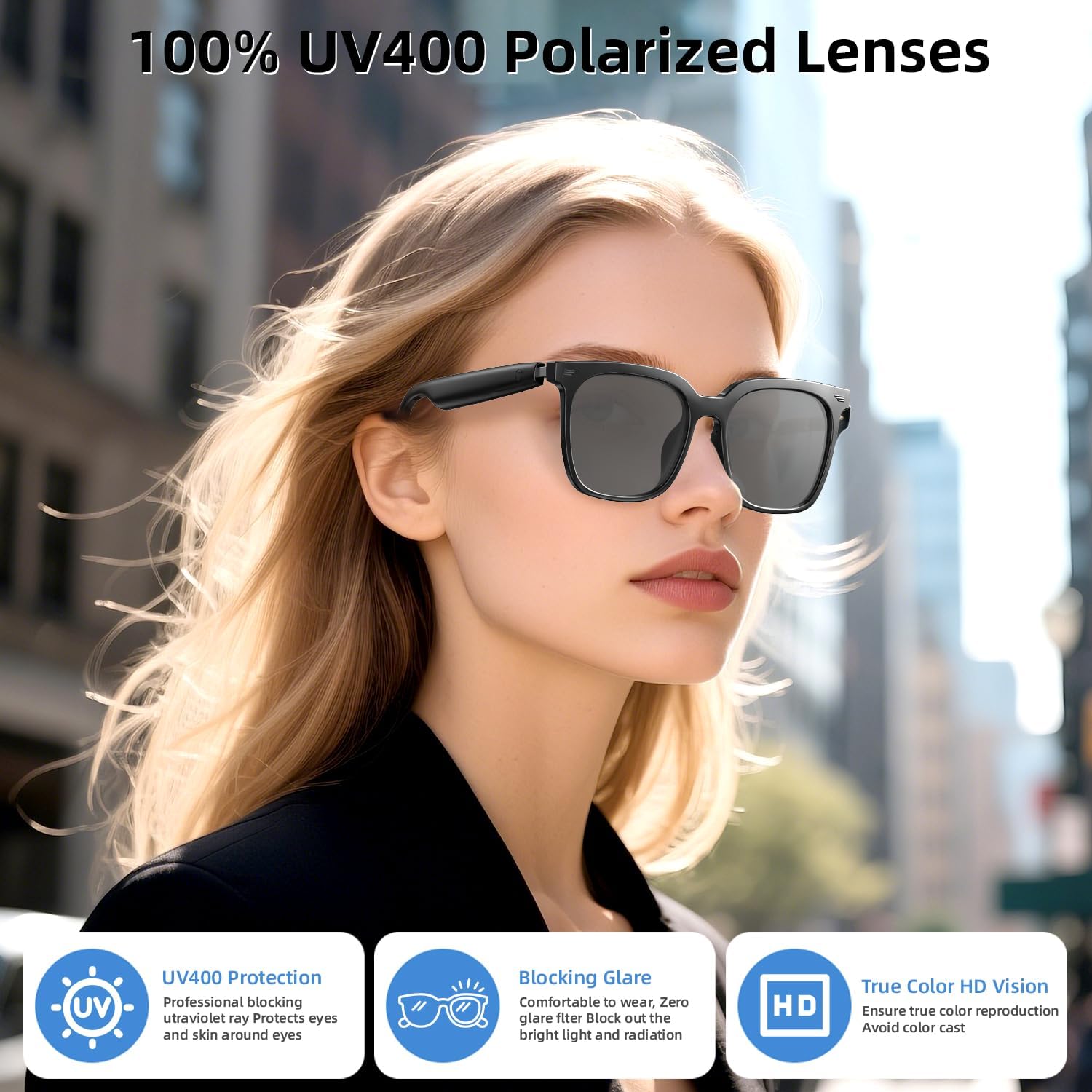 Smart Glasses, AI Bluetooth Glasses with Speaker, 144 Languages & Accents Real Time Translation, UV Protection AI Glasses with Bluetooth 5.4, Smart Sunglasses for Men & Woman (Noble Black) - Image 4