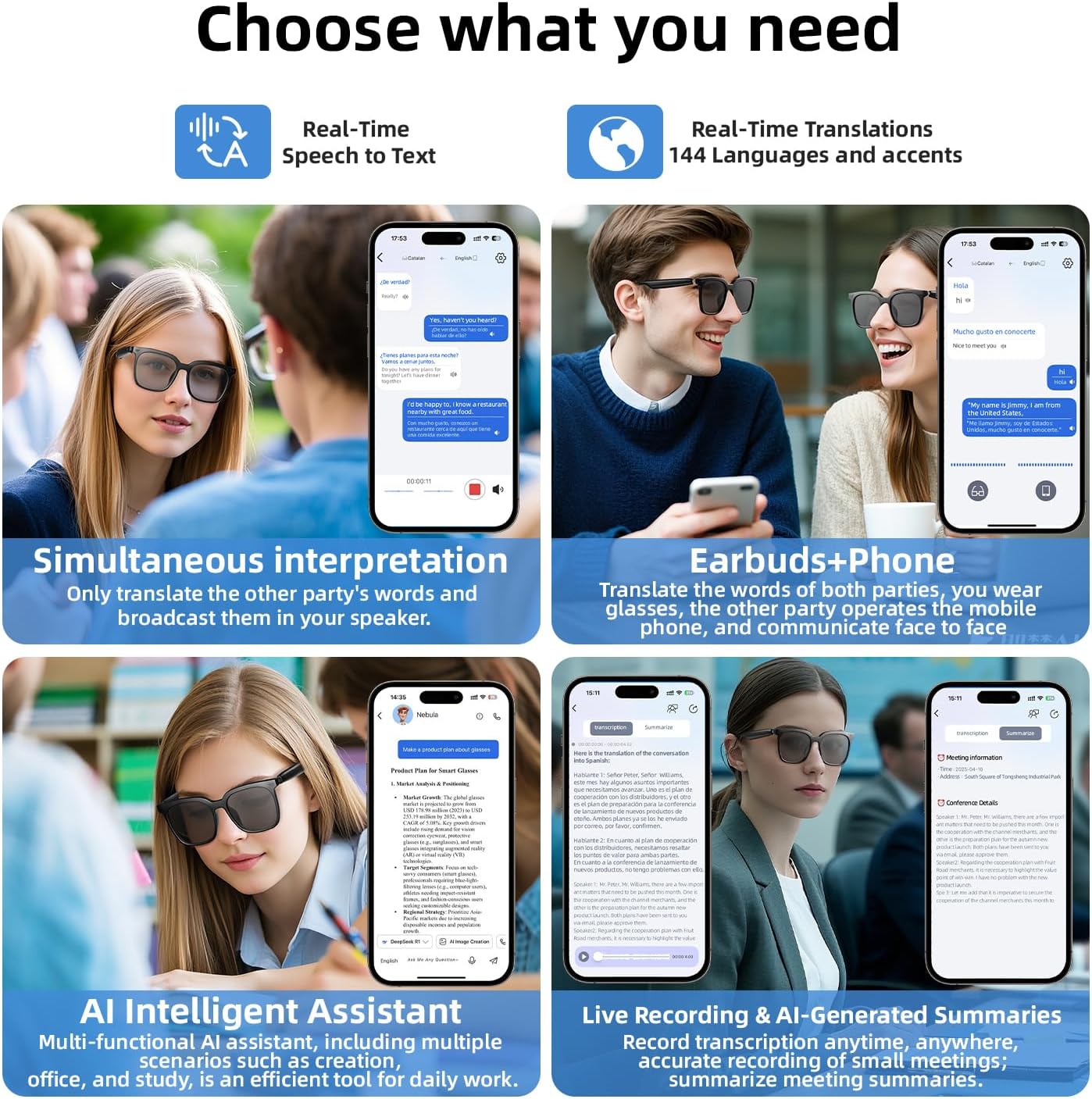 Smart Glasses, AI Bluetooth Glasses with Speaker, 144 Languages & Accents Real Time Translation, UV Protection AI Glasses with Bluetooth 5.4, Smart Sunglasses for Men & Woman (Noble Black) - Image 5