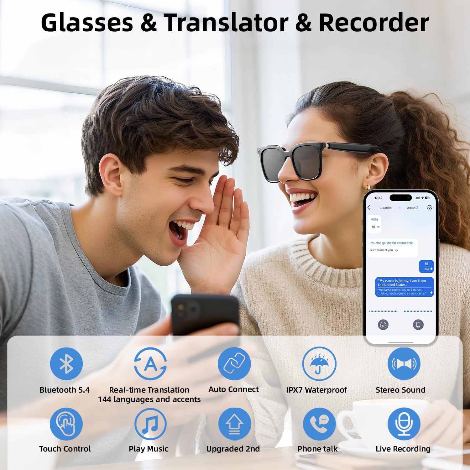Smart Glasses, AI Bluetooth Glasses with Speaker, 144 Languages & Accents Real Time Translation, UV Protection AI Glasses with Bluetooth 5.4, Smart Sunglasses for Men & Woman (Noble Black) - Image 6