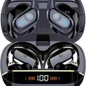 Wireless Earbuds Bluetooth 5.4 Headphones 75H Stereo Deep Bass Sports Over Ear Buds with Earhooks, LED Display Bluetooth Earbuds with 4 ENC Mic, IP7 Waterproof Earphone for Running, Black